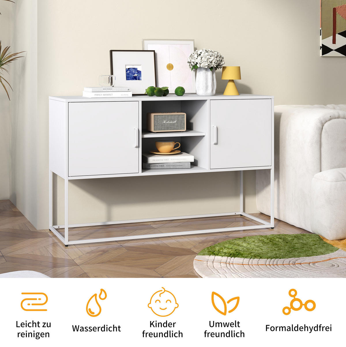 SIDEBOARD 120/40/75 cm weiß aus Metall mit 6 Fächern - Weiß, Metall (120/75/40cm) - OKWISH
