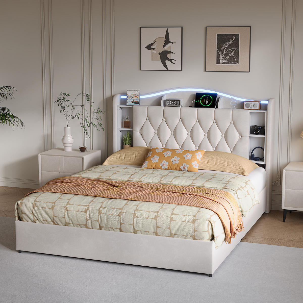 POLSTERBETT 160x190 cm LED USB C Stauraum Lattenrost Samt beige - Beige, Holz (160/190cm) - LEBENLANG