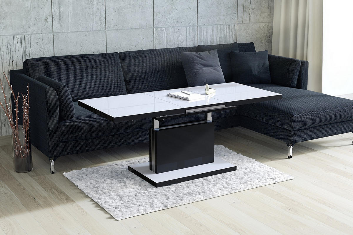 COUCHTISCH rechteckig Weiß Hochglanz Schwarz Hochglanz ausziehbar höhenverstellbar - Schwarz Hochglanz/Weiß Hochglanz, Holzwerkstoff (80/120/56cm) - designimpex