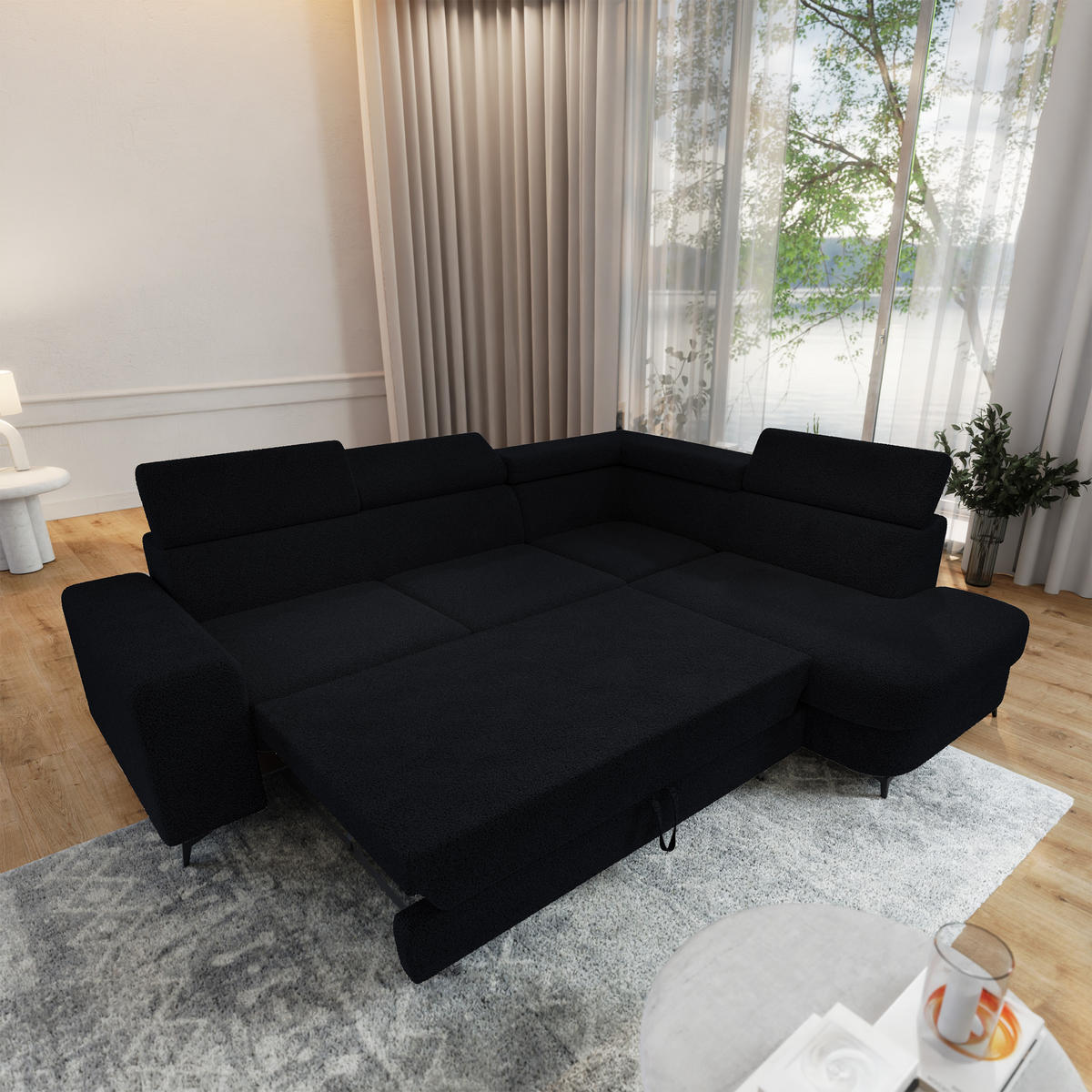 ECKSOFA ALVORO R-S Schwarz Boucle-Stoff mit Schlaffunktion - Schwarz, Holz (253/190cm) - MASSENO