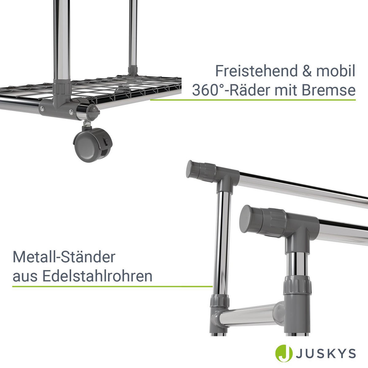 KLEIDERSTÄNDER silber 360° frei drehbare Räder - Silberfarben, Metall (153/160/43cm) - Juskys