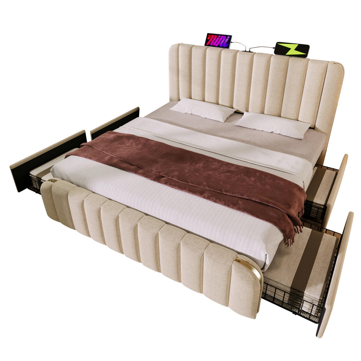 POLSTERBETT aus Leinenstoff 180x200 cm Beige mit 4 Schubladen, USB- und Typ-C-Anschluss - Beige, Textil (180/200cm) - IVMEU