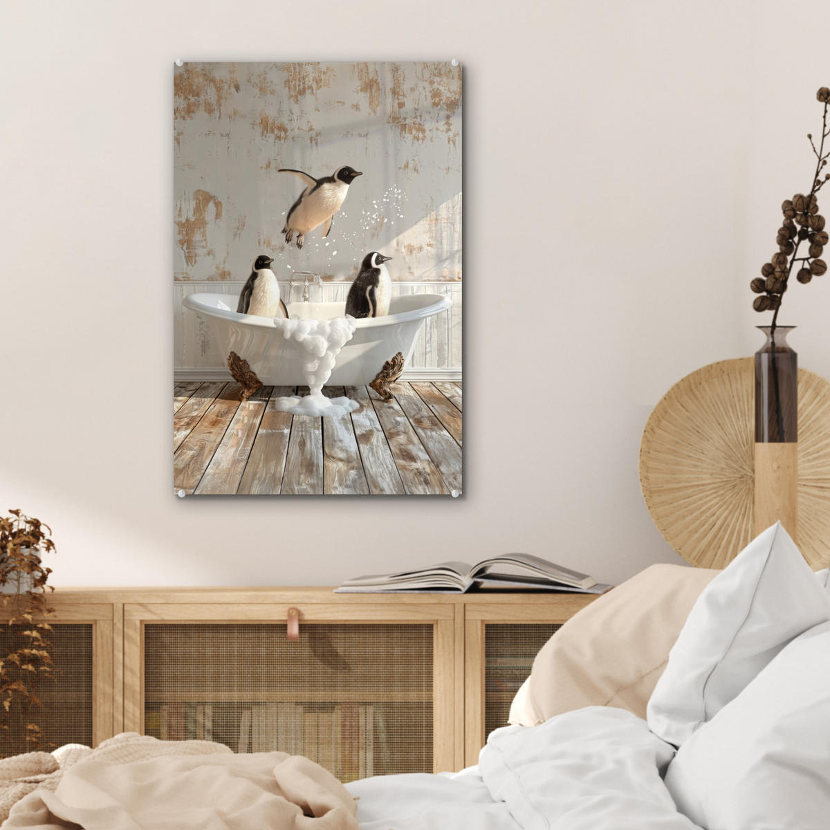 ACRYLGLASBILD Vintage - Pinguin - Badewanne - Schaumstoff 40x60 cm - Schwarz, Glas (40/60cm) - MuchoWow