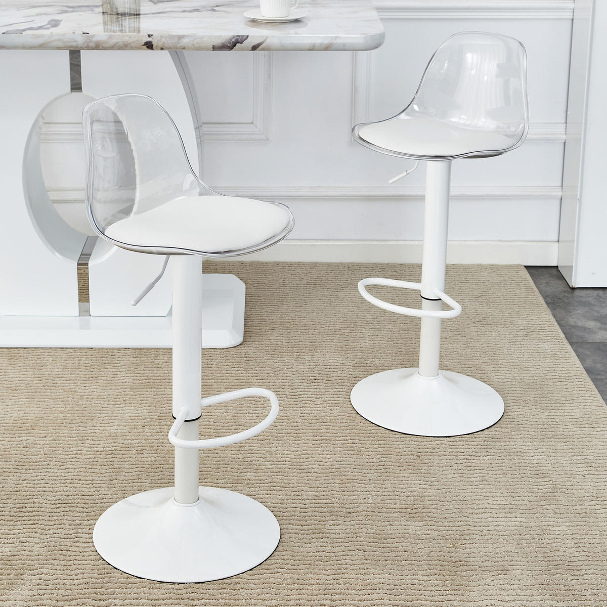 BARHOCKER 2er-Set Transparent und Weiß höhenverstellbar mit Rückenlehne und 360° Drehung - Transparent, Metall (33/82/40.5cm) - PANGIVO