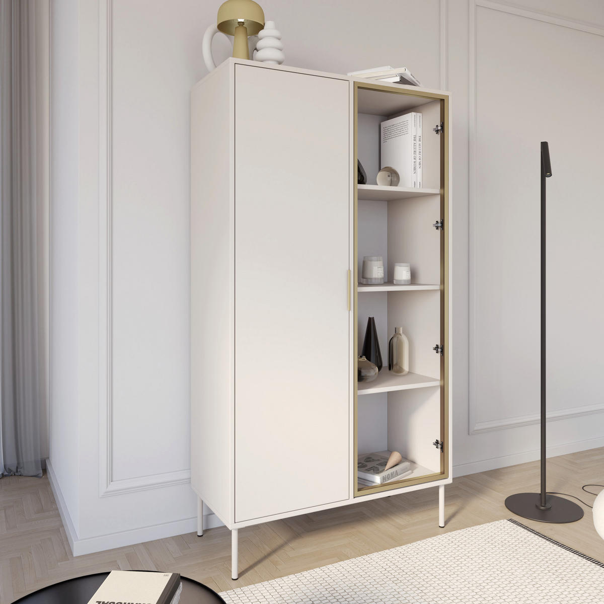 VITRINE Vena Kaschmir 90 cm - Kaschmir/Goldfarben, Holzwerkstoff/Kunststoff (90/160.2/40cm) - Selsey