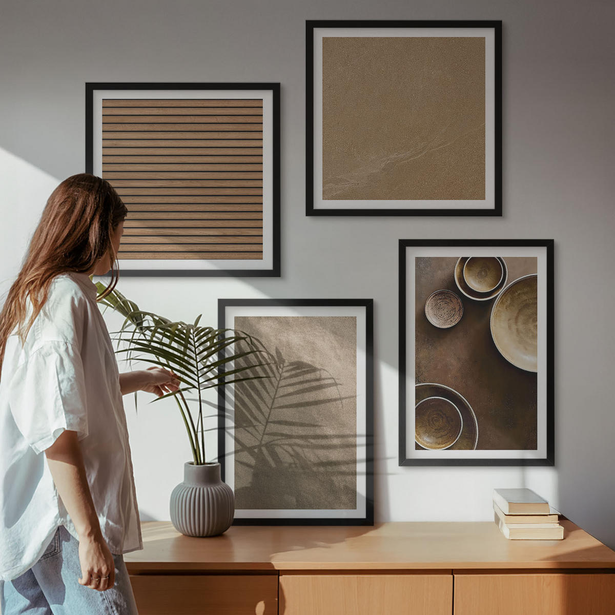BILDER SET 4er Set - 50x50 cm & 40x60 cm Schwarzer Rahmen - Moderne Steinstrukturen - Schwarz, Kunststoff (50/50cm) - TULUP