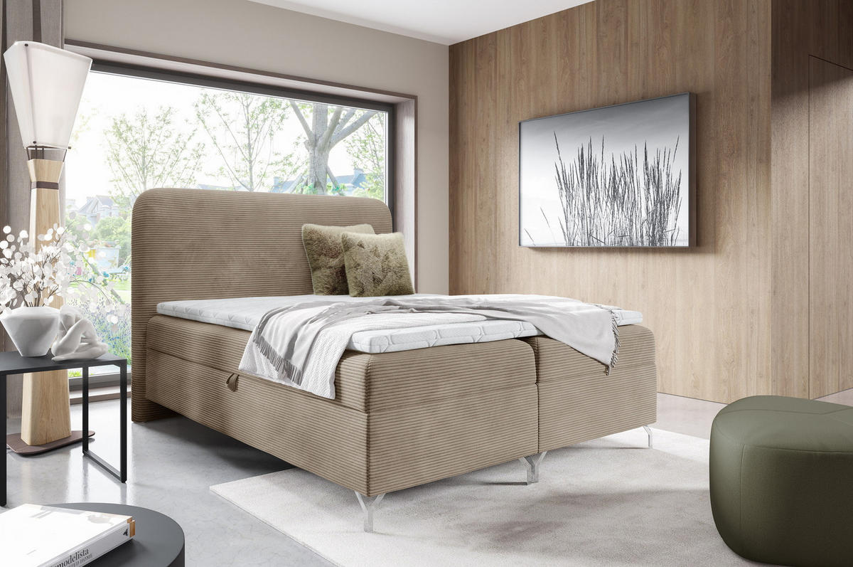 BOXSPRINGBETT mit Matratze H3 200x200 Rotos, Cordstoff, Bettkasten, Beige - Beige, Holz/Textil (200/200cm) - Emporius