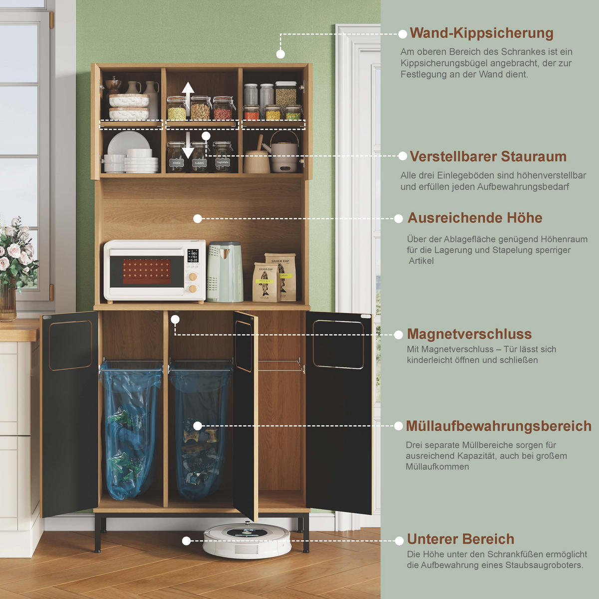 BUFFET aus MDF 35x80x181 cm Natur mit 3 Fächern, Mikrowellenablage und Stauraum - Naturfarben, Holzwerkstoff (80/181/35cm) - Modfu