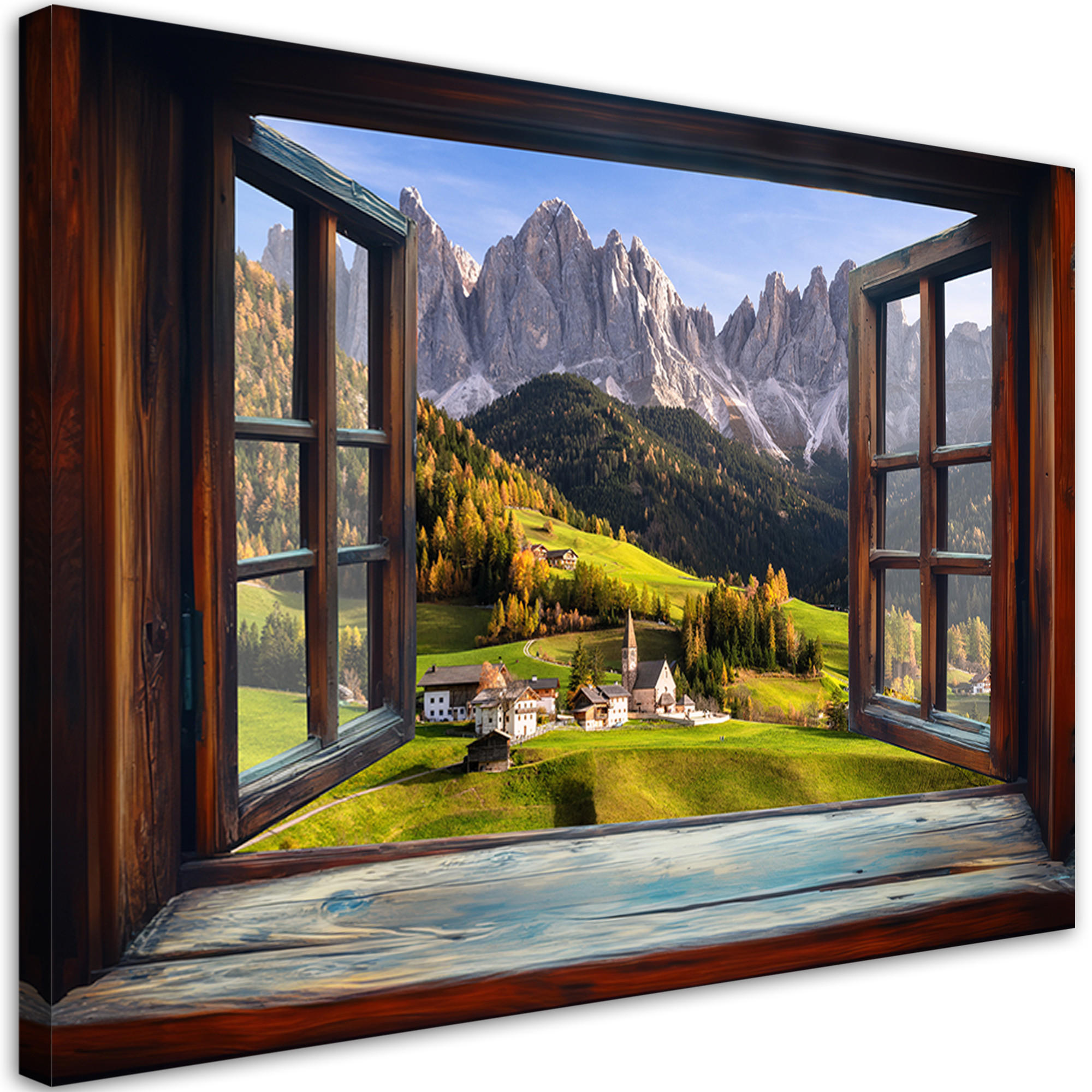 WANDBILD blick aus einem fenster berglandschaft natur - Braun, Textil (60/40cm) - Feeby