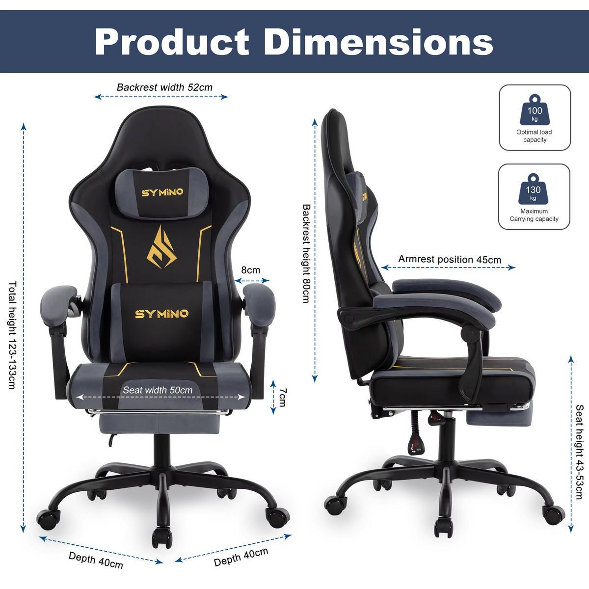 GAMINGSTUHL Racing mit Fußstütze Ergonomisch 130 kg Grau - Grau, Metall (52/133/45cm) - Kaket