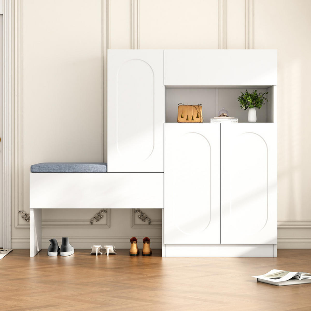 SCHUHSCHRANK 2-IN-1 WEISS mit gewölbten Türen Soft-Close und Sitzbank 130x35x110 cm - Weiß, Holzwerkstoff (35/110/130cm) - Fuleadture