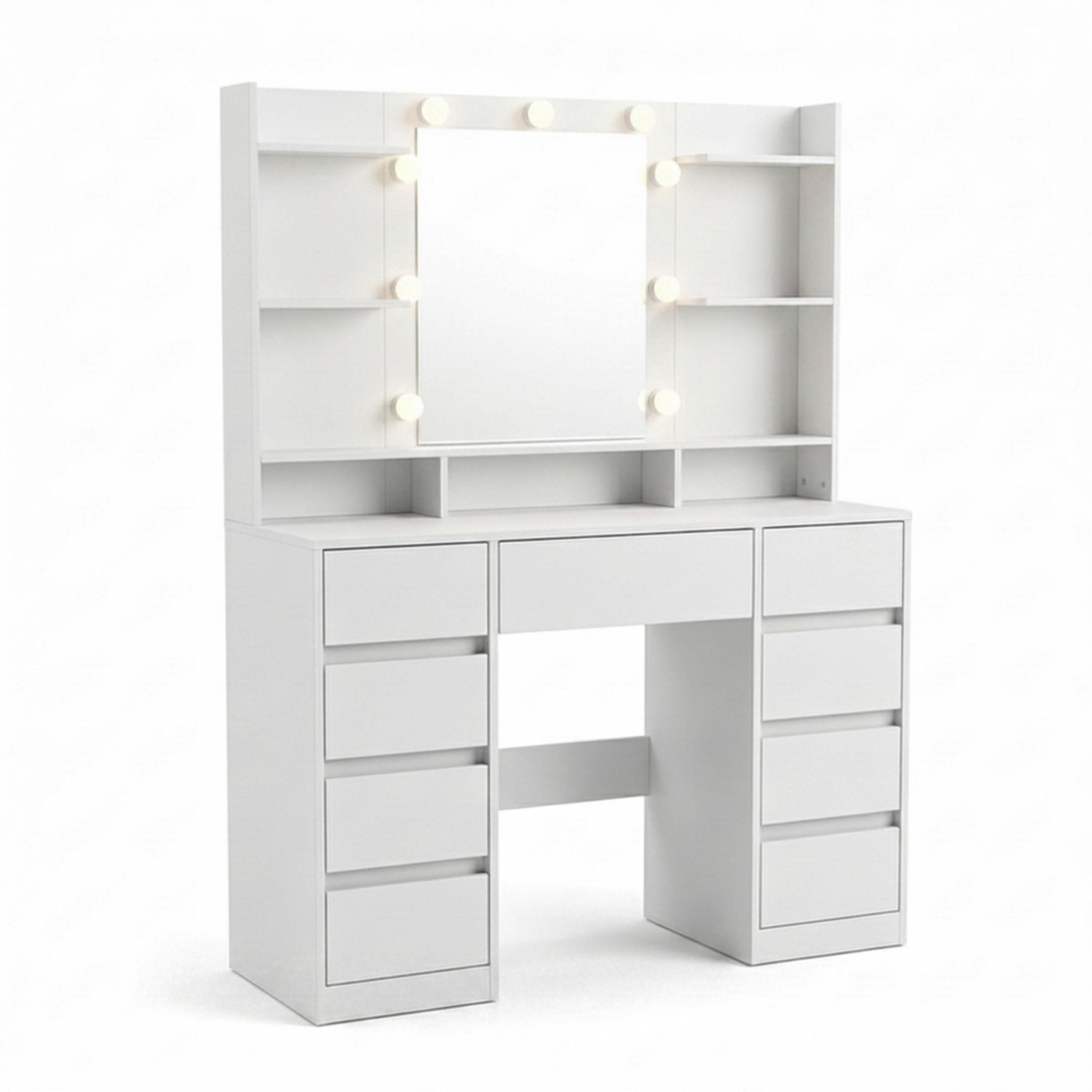 SCHMINKTISCH Weiß LED-Spiegel 9 Schubladen - Weiß, Holzwerkstoff (107/144/40cm) - Relaxdays