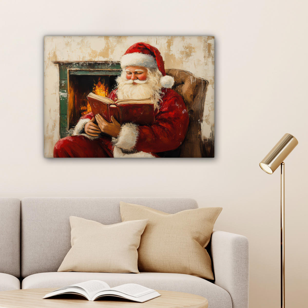 LEINWANDBILD Weihnachten - Weihnachtsmann - Winter - Open Fireside Wandbilder 80x60 cm - Dunkelrot, Textil (80/60cm) - MuchoWow