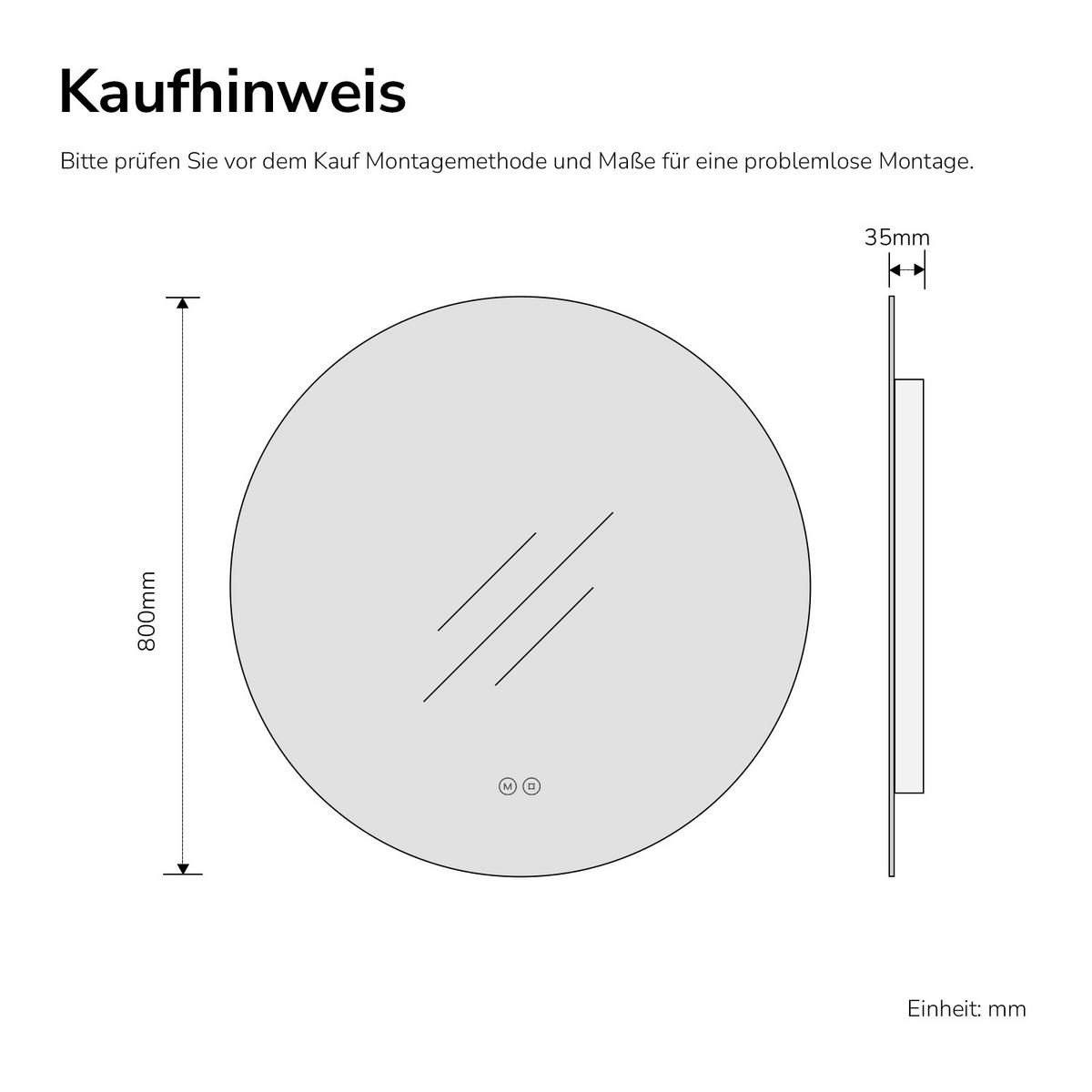 BADSPIEGEL Rund mit Beleuchtung Rahmenlos, 3 Lichtfarben, beschlagfrei, Ø 80 cm - Weiß, Glas (80/3.5/80cm) - EMKE