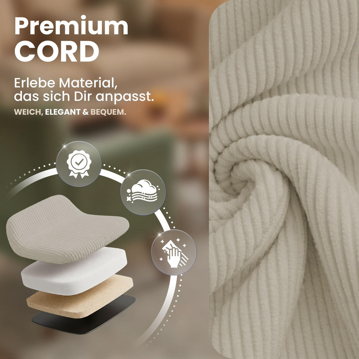 STUHL 4 Cord Creme - Creme/Schwarz, Textil/Metall (45/84/55cm) - CLP