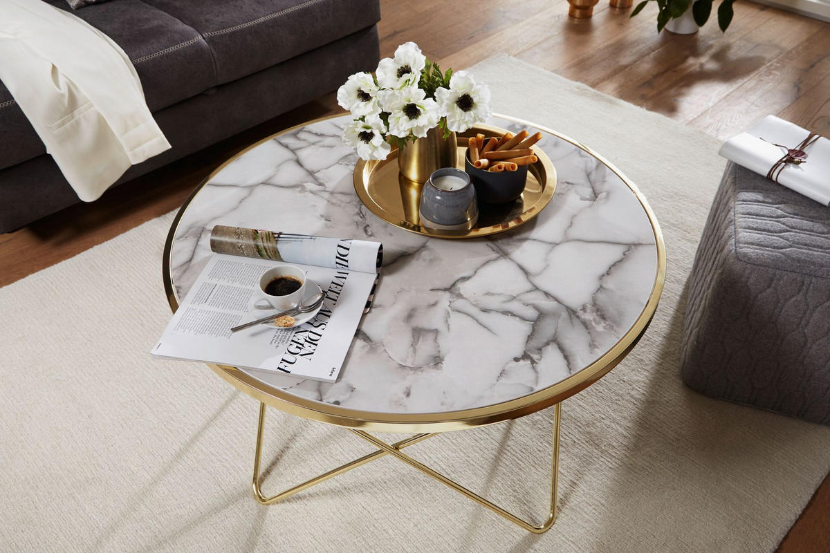 COUCHTISCH in Marmor-Optik mit filigranem Metallgestell in Gold - Goldfarben, Holz/Metall (85/85/49cm) - KADIMA DESIGN
