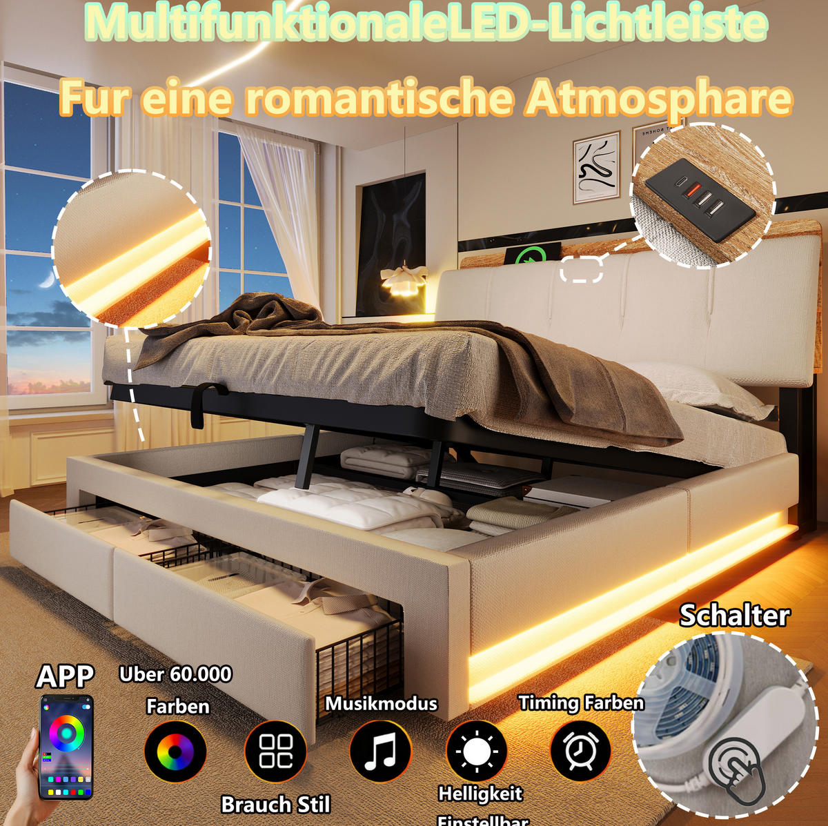 POLSTERBETT 140/200 cm Beige mit LED-Beleuchtung, USB- und USB-C-Anschluss, hydraulischem Bettkasten und Schubladen - Beige, Textil (140/200cm) - OKMYHOME
