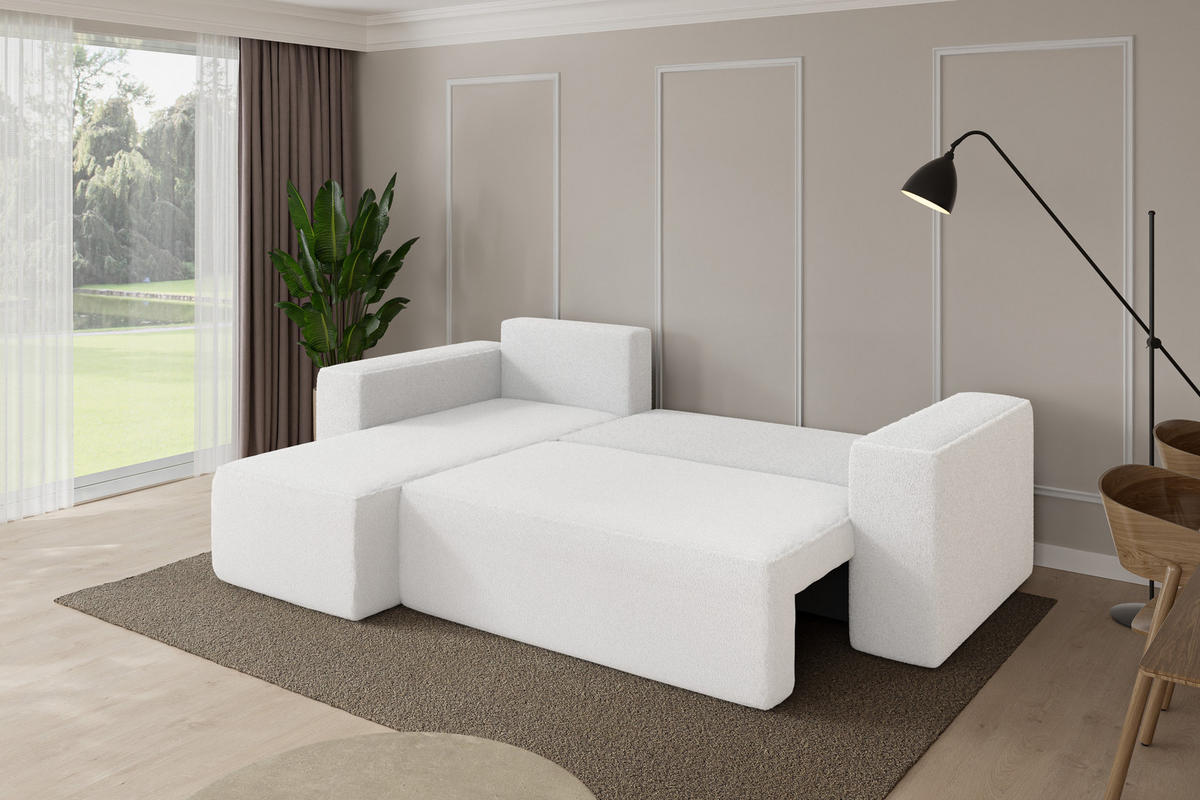 ROHOVÁ SEDAČKA s funkcí spaní, otoman vlevo SENO-L 249x139x85 bílá bouclé - bílá/černá, kompozitní dřevo/textil (249/139cm) - ALTDECOR