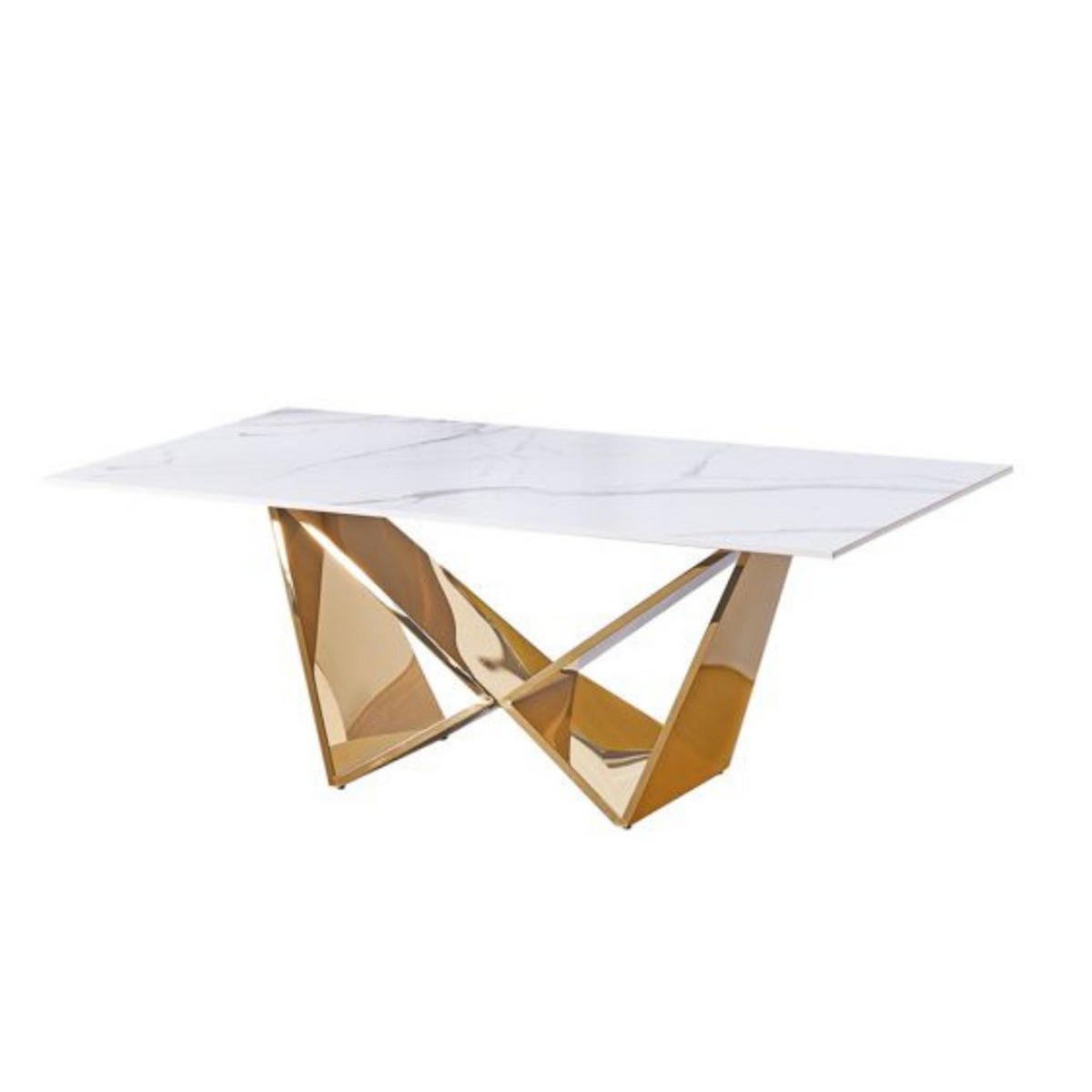 DESIGN-COUCHTISCH CENTO Rechteckiger Wohnzimmertisch in Marmor-Optik mit geometrischem Edelstahl-Gestell (130 x 70 cm) - Goldfarben/Weiß, Metall (70/130/42cm) - alesvelt