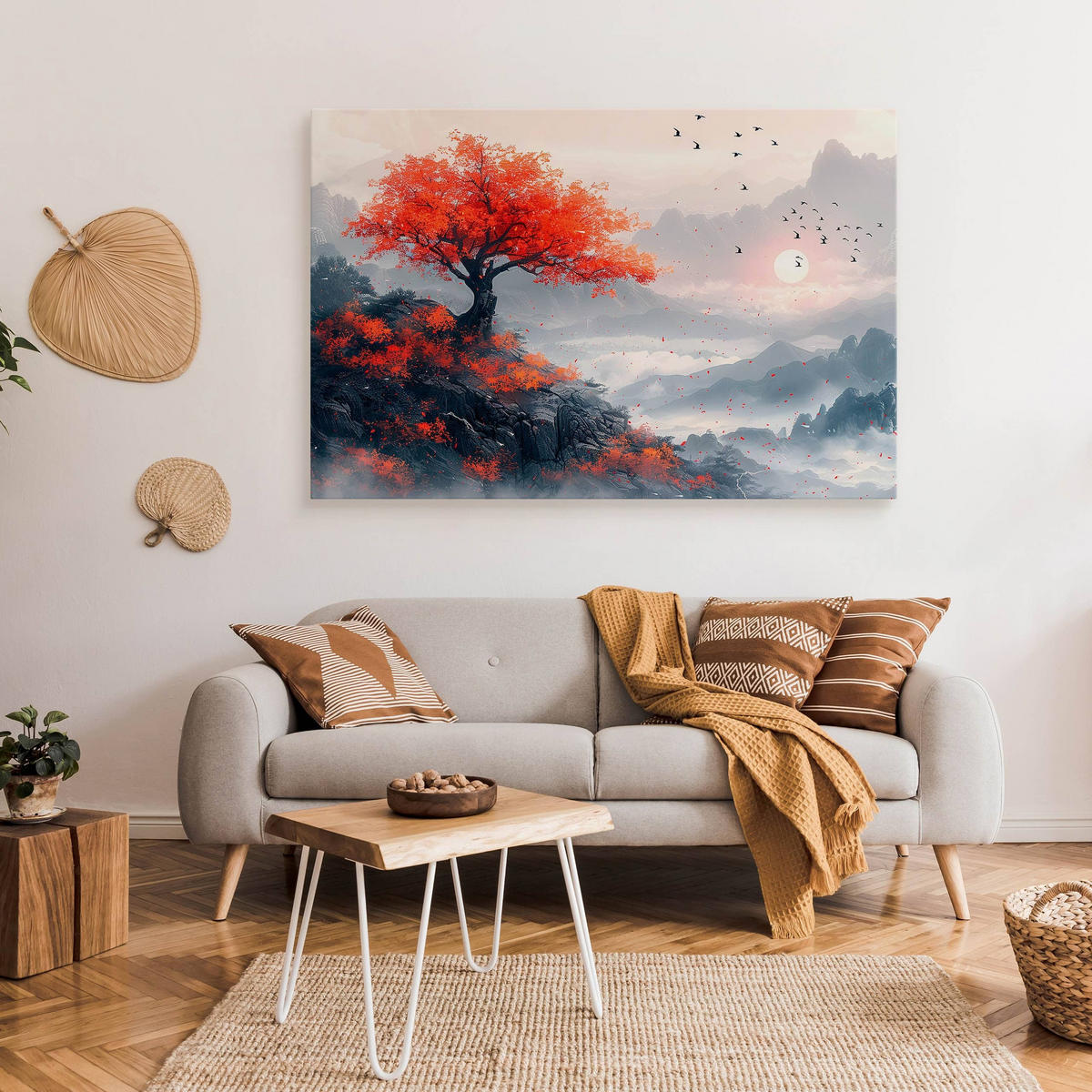 LEINWANDBILD für Esszimmer Baum Berge Landschaft 70cm x 50cm - Beige/Rot, Textil (70/50cm) - Muralo