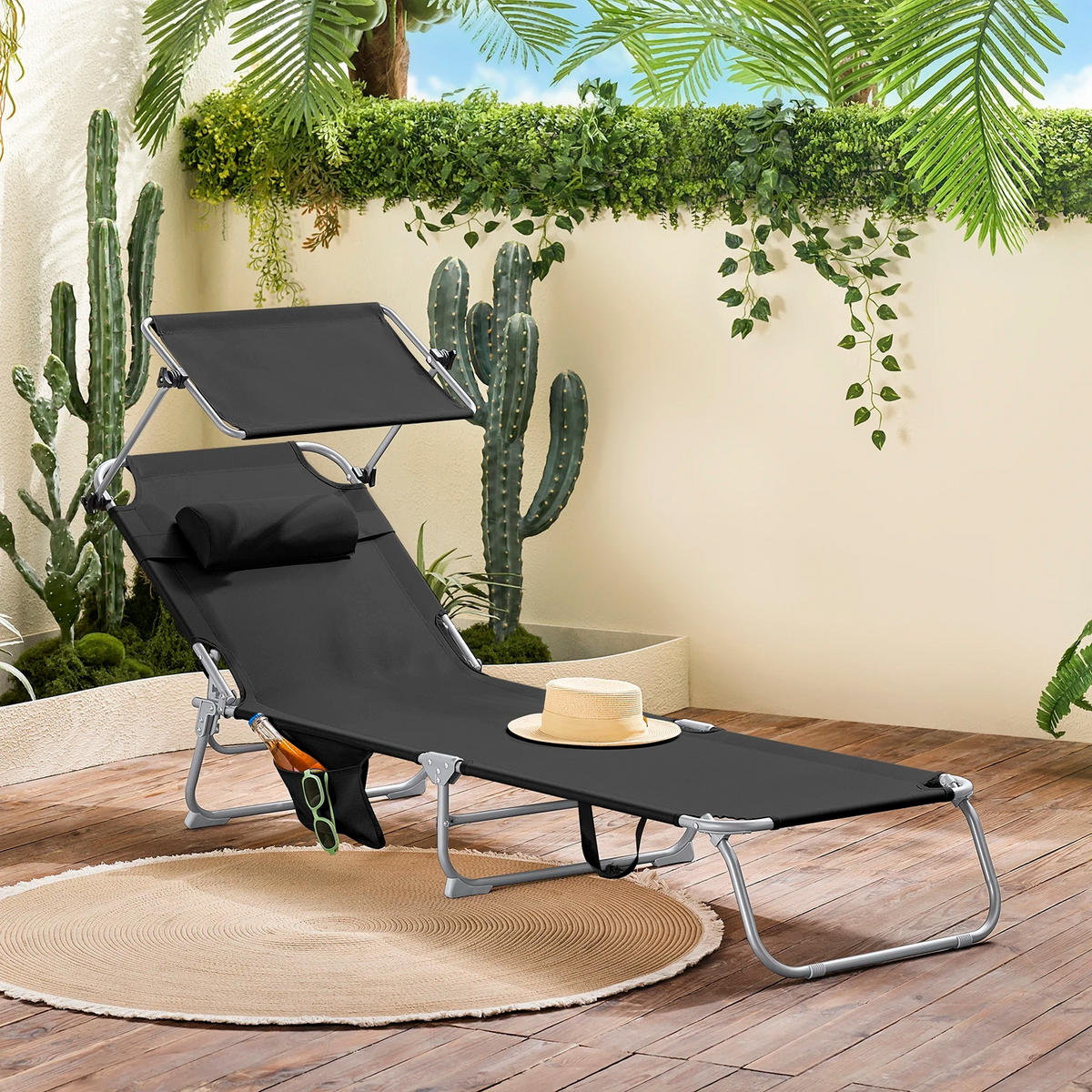 GARTENLIEGE Schwarz mit Seitentasche - Schwarz, Textil/Metall (155/56cm) - Kaket