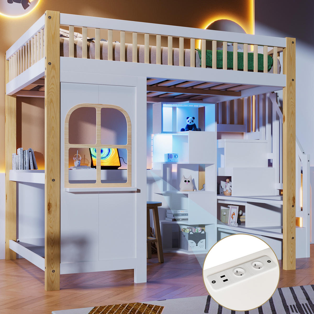 HOCHBETT 140/200 cm mit LED-Leuchten Fensterform Ablageleiter und Schreibtisch Weiß+Natur - Weiß, Holz (140/200cm) - OKWISH