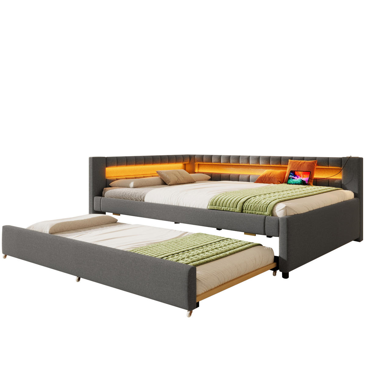 TAGEBETT 140x200cm Grau LED-Licht Ausziehbett USB Leinen - Grau, Holz (140/200cm) - FLIEKS
