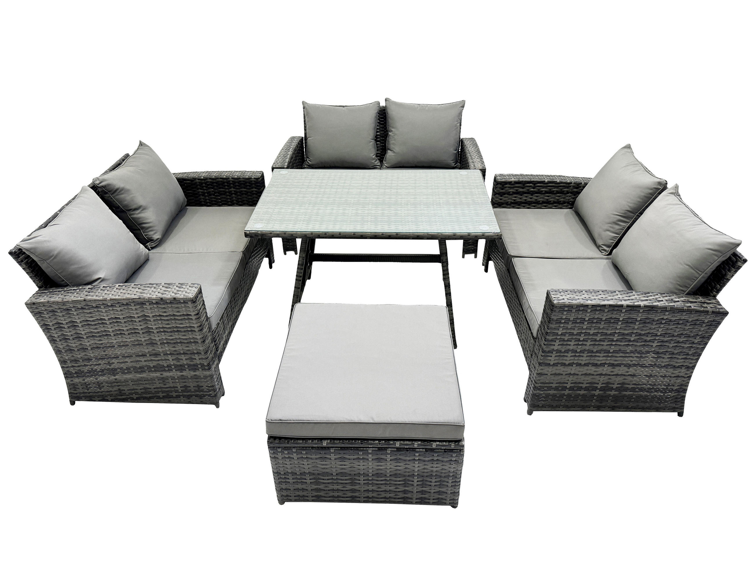 GARTENMÖBELSET mit ESSTISCH,HOCHLEHNER-SOFA Polyrattan Dunkelgrauer Mix 7-Sitzer - Dunkelgrau/Grau, Glas/Kunststoff - Fimous