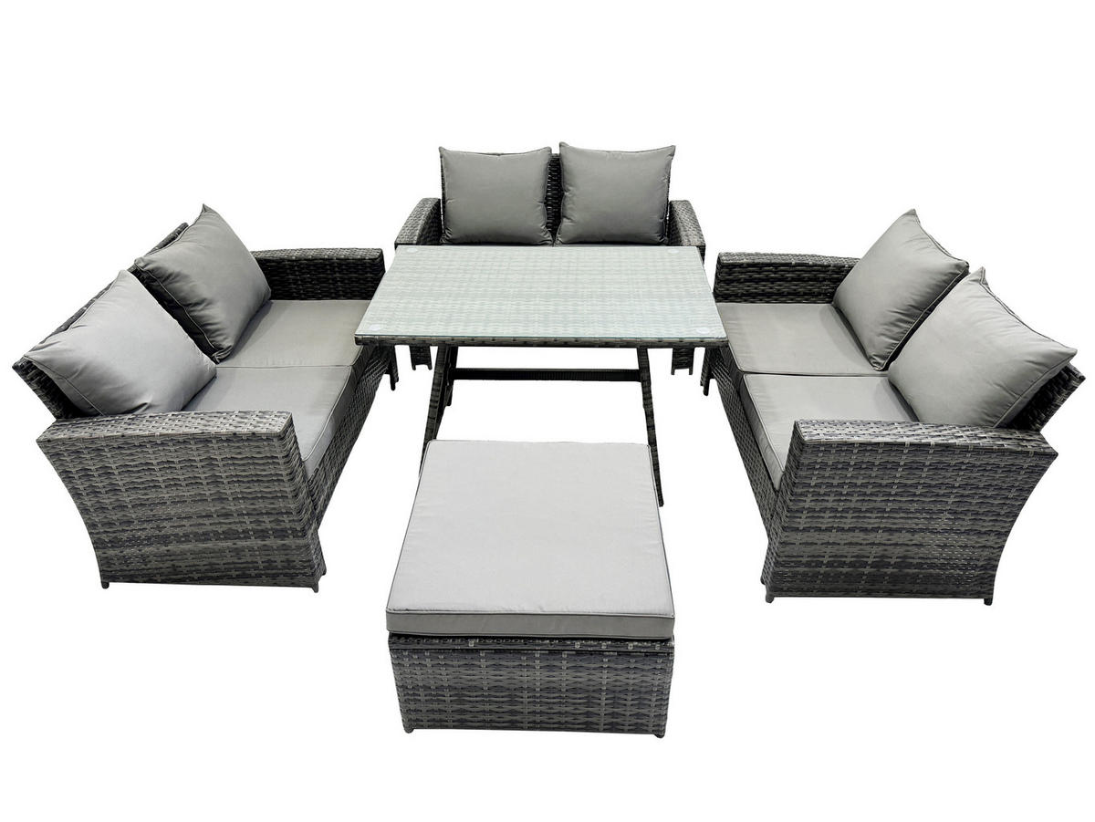 GARTENMÖBELSET mit ESSTISCH,HOCHLEHNER-SOFA Polyrattan Dunkelgrauer Mix 7-Sitzer - Dunkelgrau/Grau, Glas/Kunststoff - Fimous