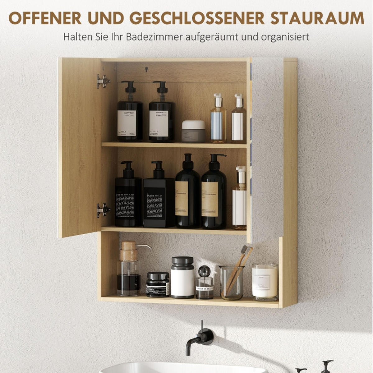 BADEZIMMER Hängeschrank 60x16.6x75 cm Eiche mit Doppelspiegel & verstellbarem Regal - Eichefarben, Glas (60/75/16.6cm) - Modfu