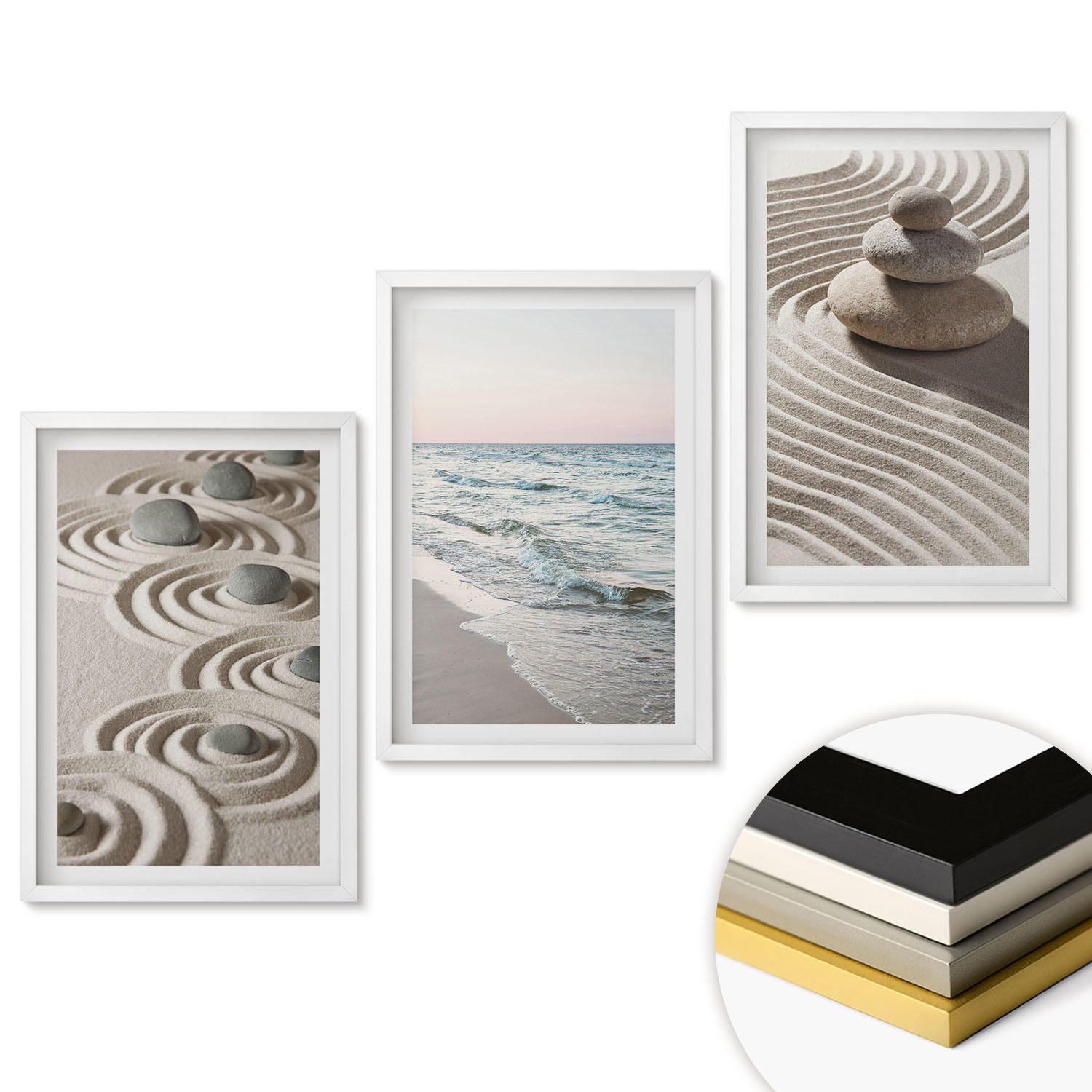 WANDBILDER 3er-Set - 40x60 cm Weißer Rahmen - Wellen, Sand, Wasser, Steine, Strand - Weiß, Kunststoff (40/60cm) - ArtPrintCave