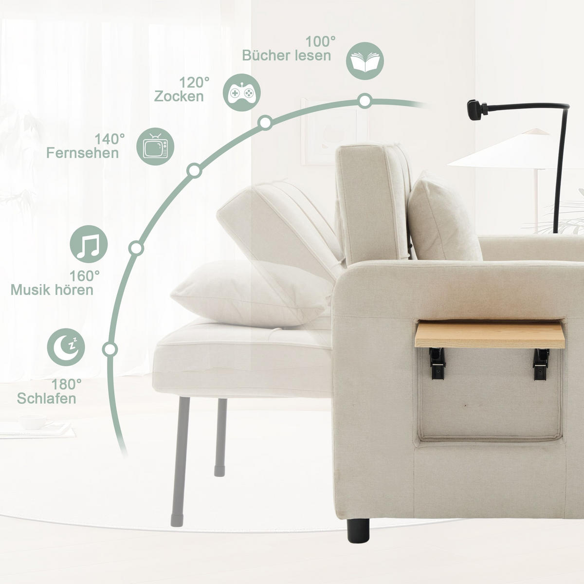 FERNSEHSESSEL 2 in 1 Relaxsessel,Polsterliege mit Schlaffunktion, Stauraum,Chenille,Beige - Beige, Textil (79/83/167cm) - LVHOM