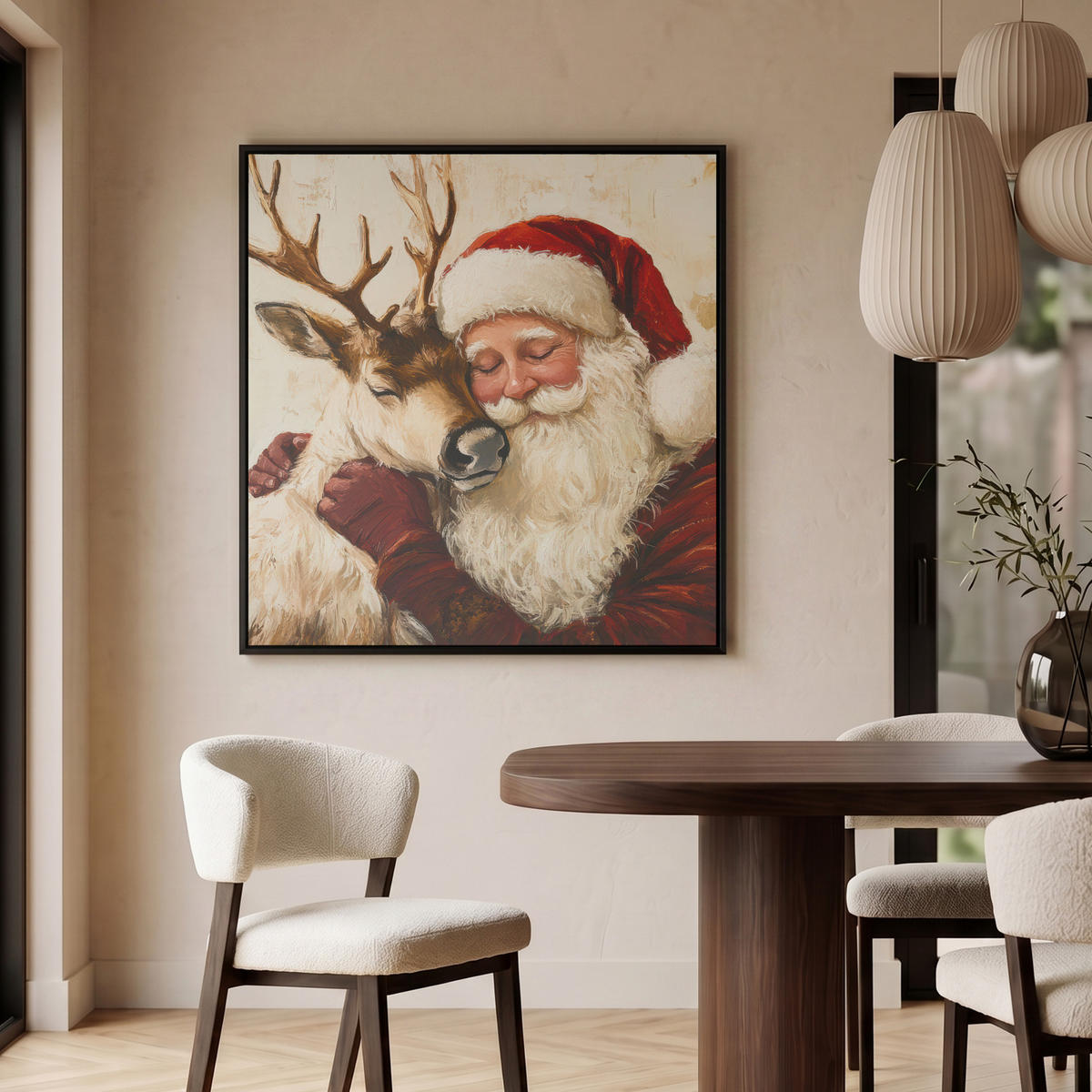 LEINWAND Bilder mit Rahmen - Weihnachtsmann - Rentier - Weihnachten - 90x90 - Rotbraun, Textil (90/90cm) - MuchoWow