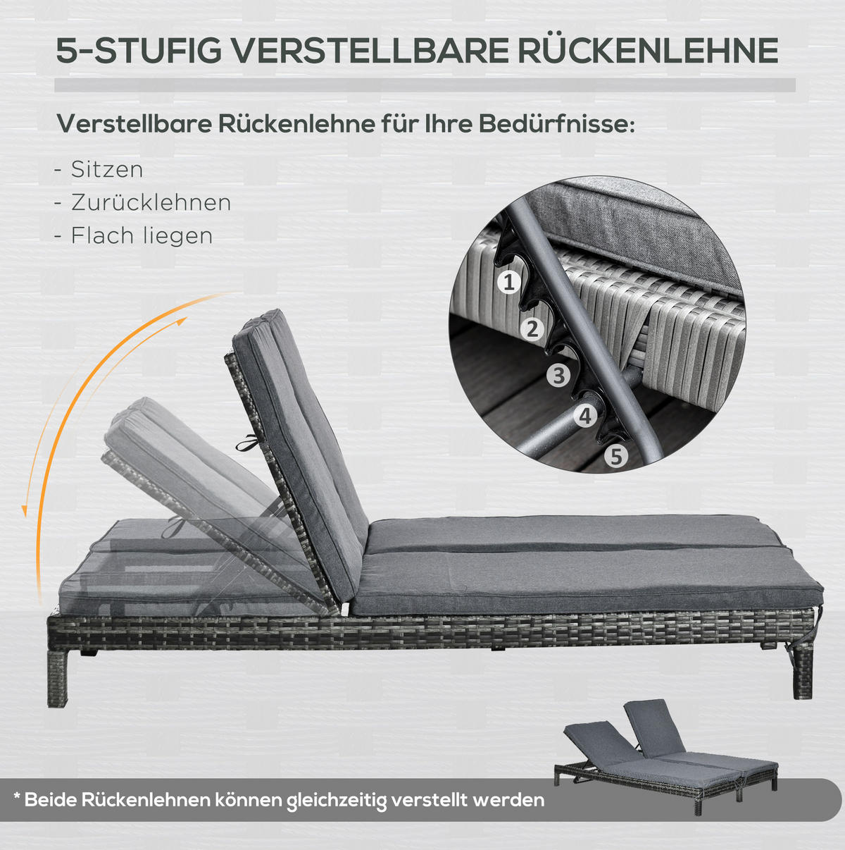 SONNENLIEGE aus Rattan 196x120x28 cm in Grau mit 5-fach verstellbaren Rückenlehnen - Grau, Metall (120/28/196cm) - Modfu