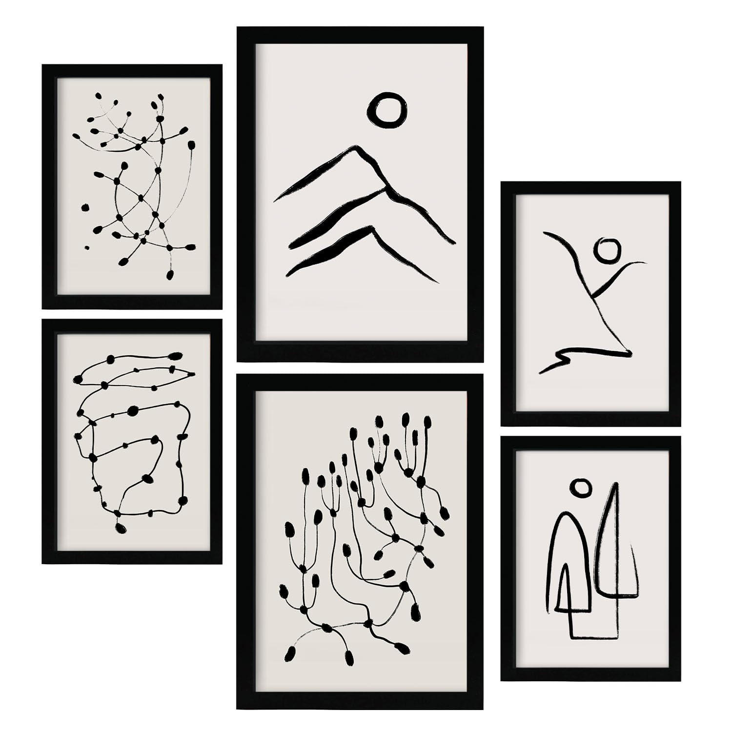 POSTER Set Mit 6 Linien Weicher In Liebhaber Abstrakt A3 & A4 Schwarzer Rahmen - Schwarz, Papier (29/3cm) - Nacnic