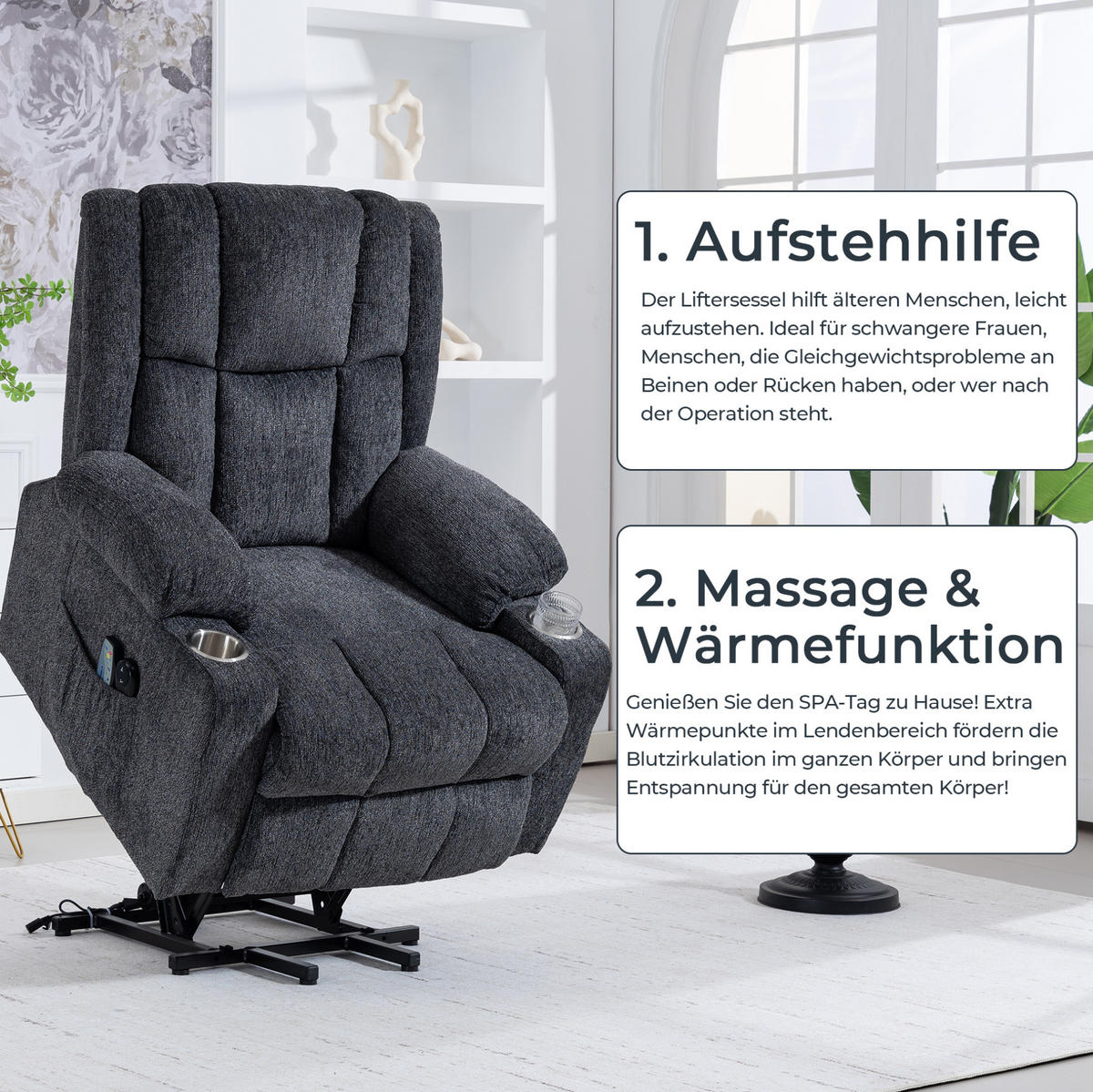 ELEKTRISCHER Relaxsessel Samt mit Aufstehhilfe, Massage, Wärme 91/84/106 cm Dunkelgrau - Dunkelgrau, Textil (84/106/91cm) - Redom