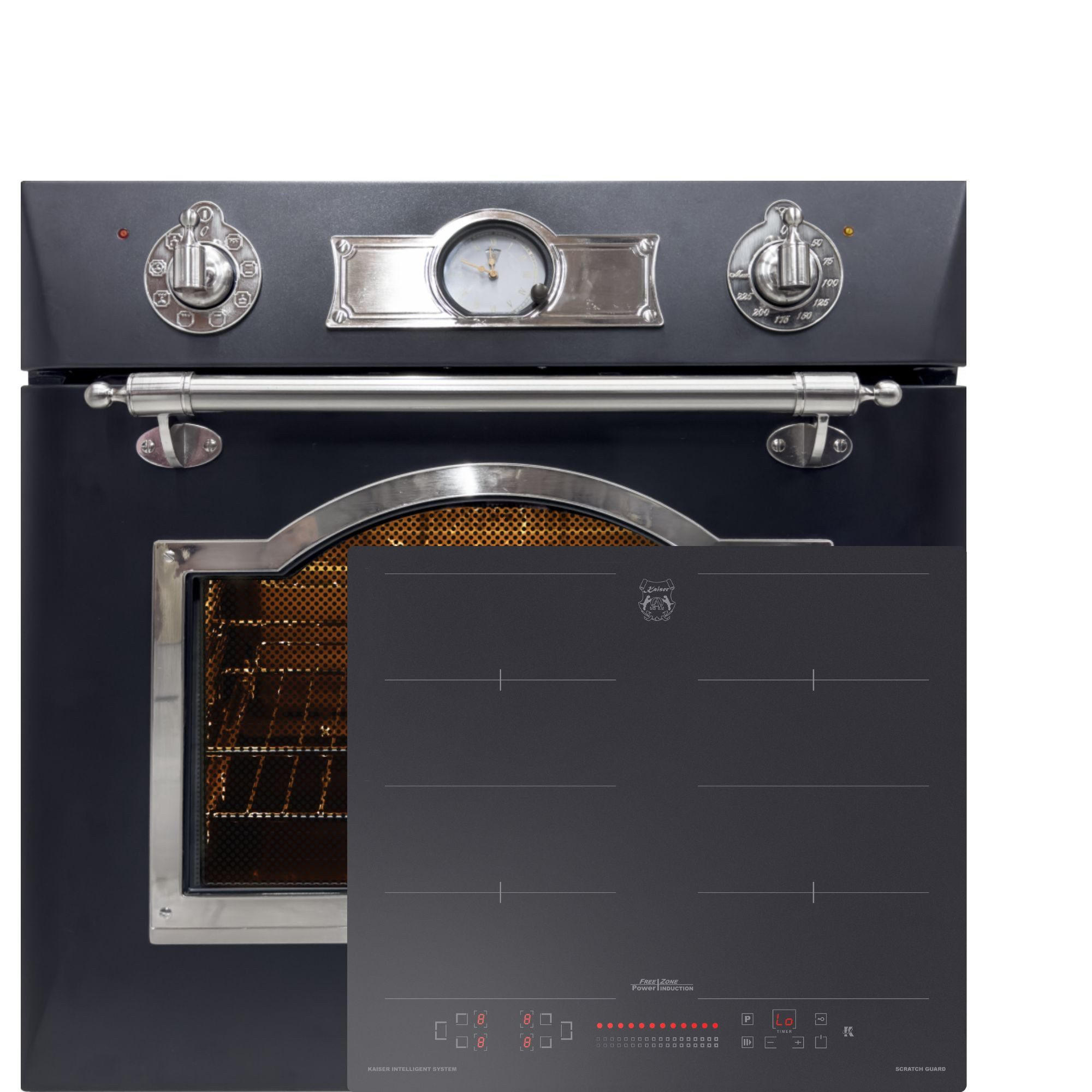 EINBAU-BACKOFEN EH 6355 Em Sil+ Induktionskochfeld KCT 6110 FI Power Booster 60 cm Anti Scratch/ matt - Schwarz, Metall (59.4/59.4/57.5cm) - Kaiser Küchengeräte