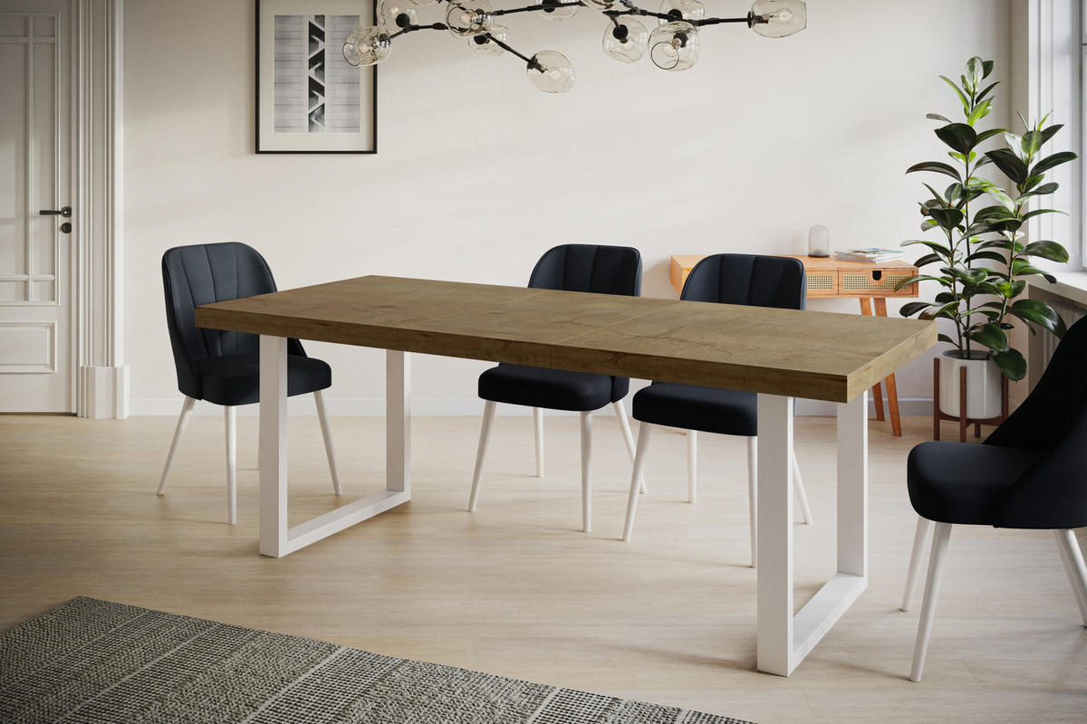 ESSZIMMERTISCH LOFT-U, ausziehbarer Tisch 140-240X80X77 cm, Farbe: LEFKAS, mit Metallbeinen in Farbe Weiß - Dunkelbraun/Weiß, Holzwerkstoff (140/80/77cm) - Alpi-Möbel
