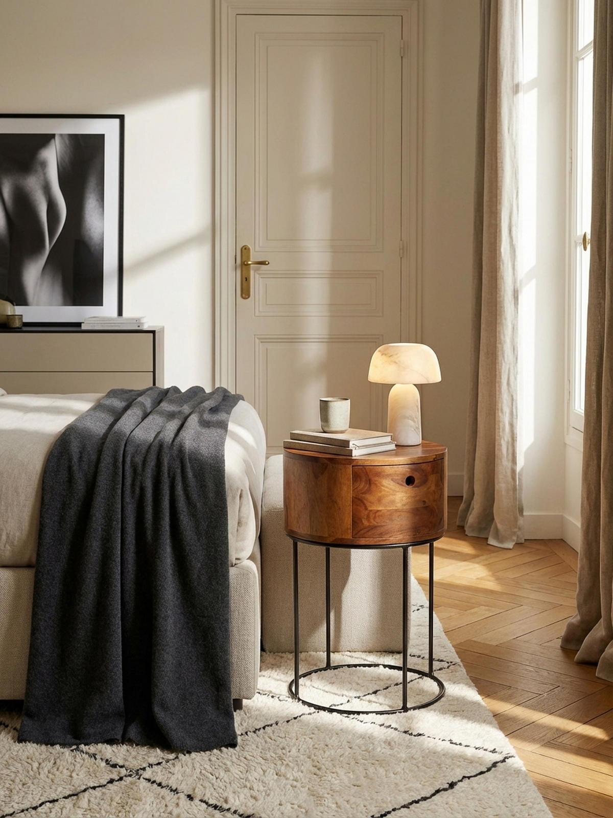 NACHTKONSOLE Massivholz mit Schublade rund Modern Braun - Schwarz/Braun, Holz/Metall (40/60/40cm) - KADIMA DESIGN