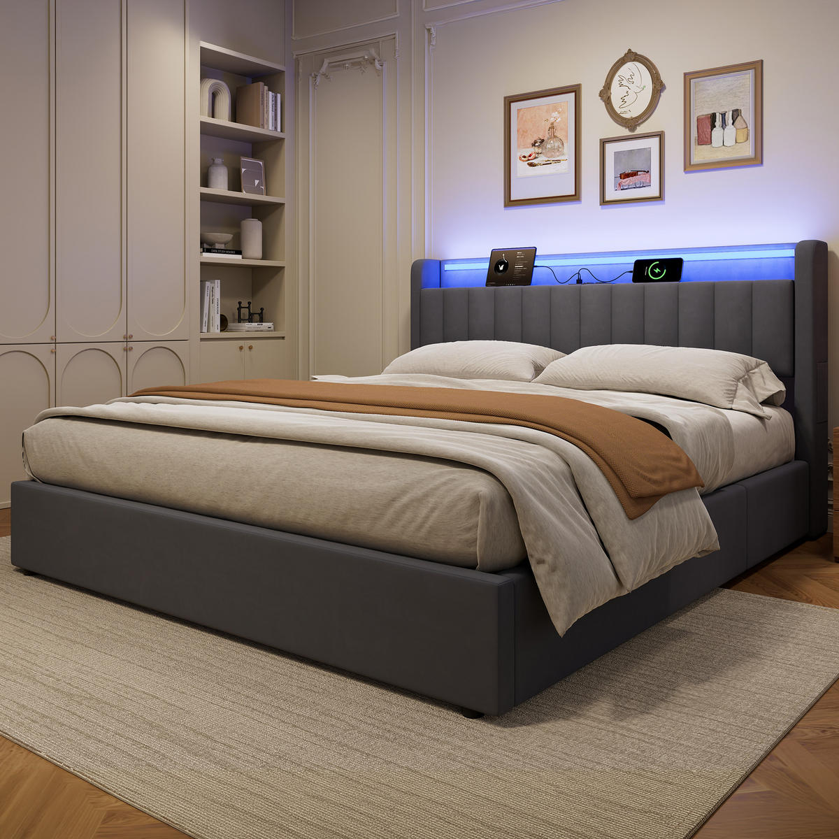 POLSTERBETT 180/200 cm in Grau, mit Bettkasten, Stauraum, USB und LED Beleuchtung, ohne Matratze - Grau, Holzwerkstoff/Textil (180/200cm) - WISHDOR
