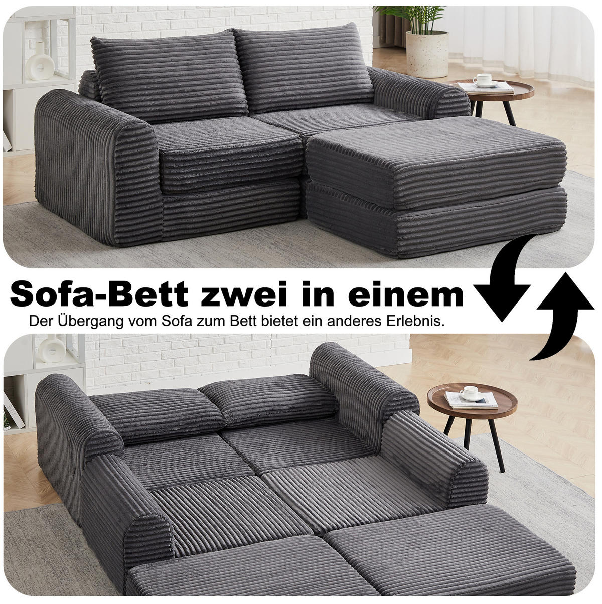 ROZKLÁDACÍ pohovka z manšestru šedá, rozkládací s volně kombinovatelnými moduly - šedá, textil (243/53/194cm) - BEAOK