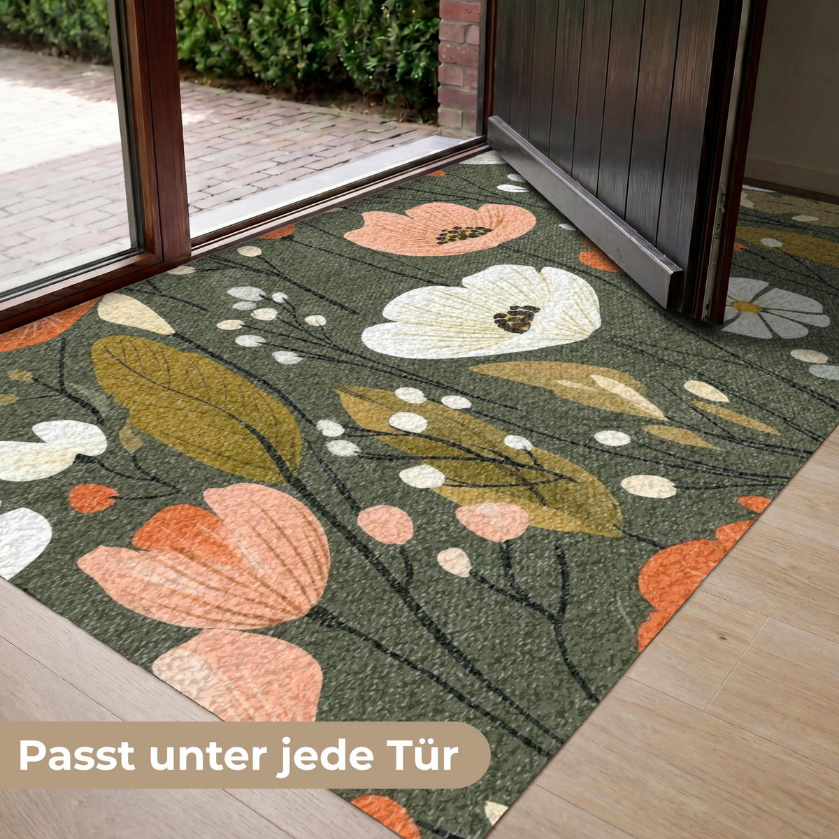 FUSSMATTE Blumen - Illustration - Grün Flurteppich 150x90 cm - Dunkelgrün, Kunststoff (150/90cm) - MuchoWow