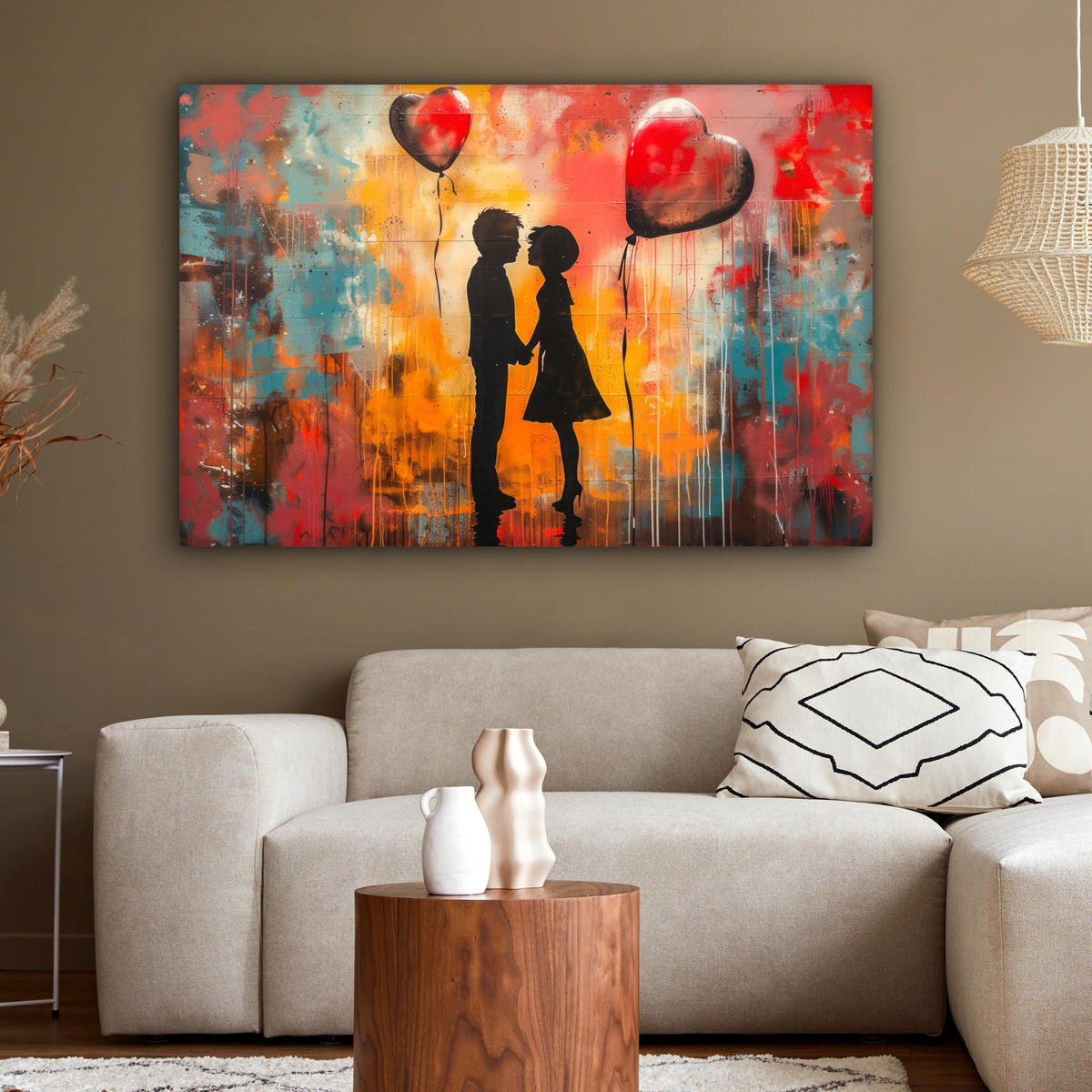 LEINWANDBILD Straßenkunst - Liebe - Graffiti - Kunst - Banksy Wohnzimmer 120x80 cm - Orange, Textil (120/80cm) - MuchoWow