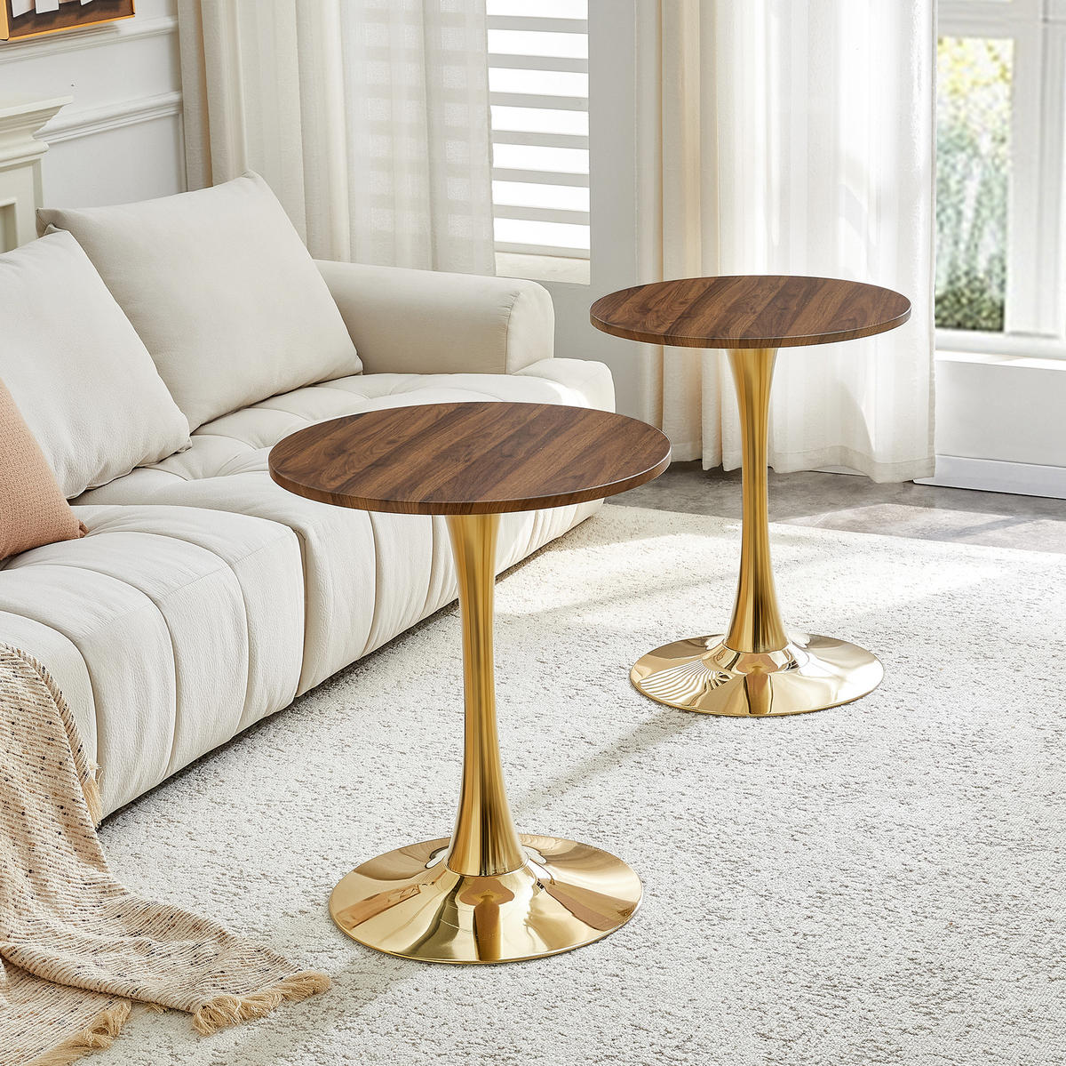 BEISTELLTISCH 60/60/72 cm mit runder MDF-Tischplatte und Metallfuß in Mid-Century-Optik, Gold/Walnuss - Goldfarben, Holzwerkstoff (60/60/72cm) - Redom