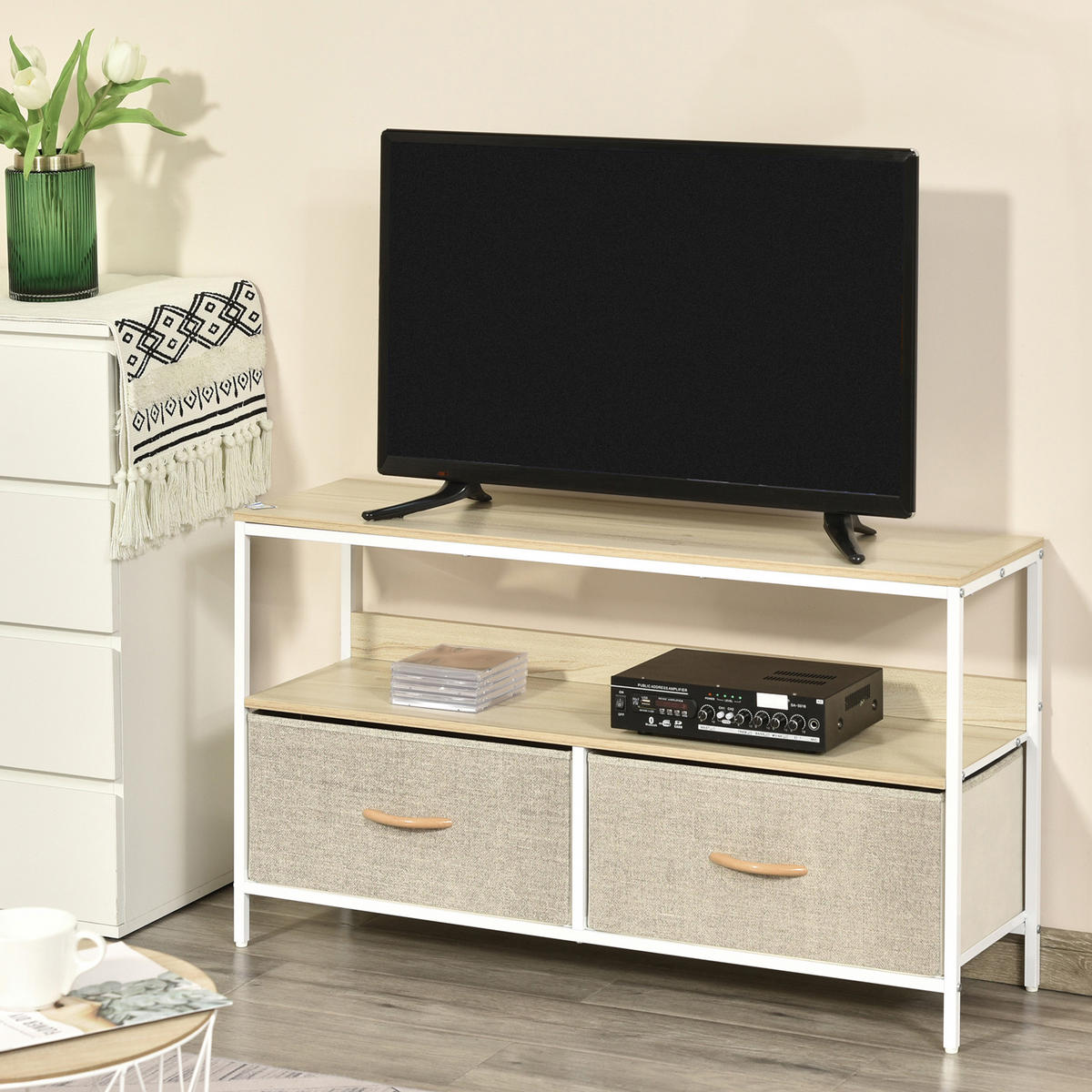 TV-LOWBOARD Naturfarben/Weiß/Grau 98/29/56 cm, 2 Stoffschubladen, Metallgestell - Hellgrau, Holzwerkstoff (98/56/29cm) - PANGIVO