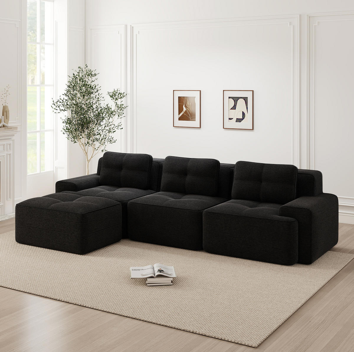 SOFA modular mit Tiefsitz Cord Black montagefrei - Schwarz, Kunststoff (177/293cm) - Meubliv
