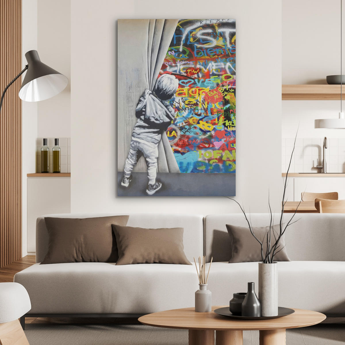 AKUSTIKBILD Graffiti - Junge - Ilussie - Straßenkunst Wanddeko 70x100 cm - Hellgrau, Textil (70/100/0.9cm) - MuchoWow