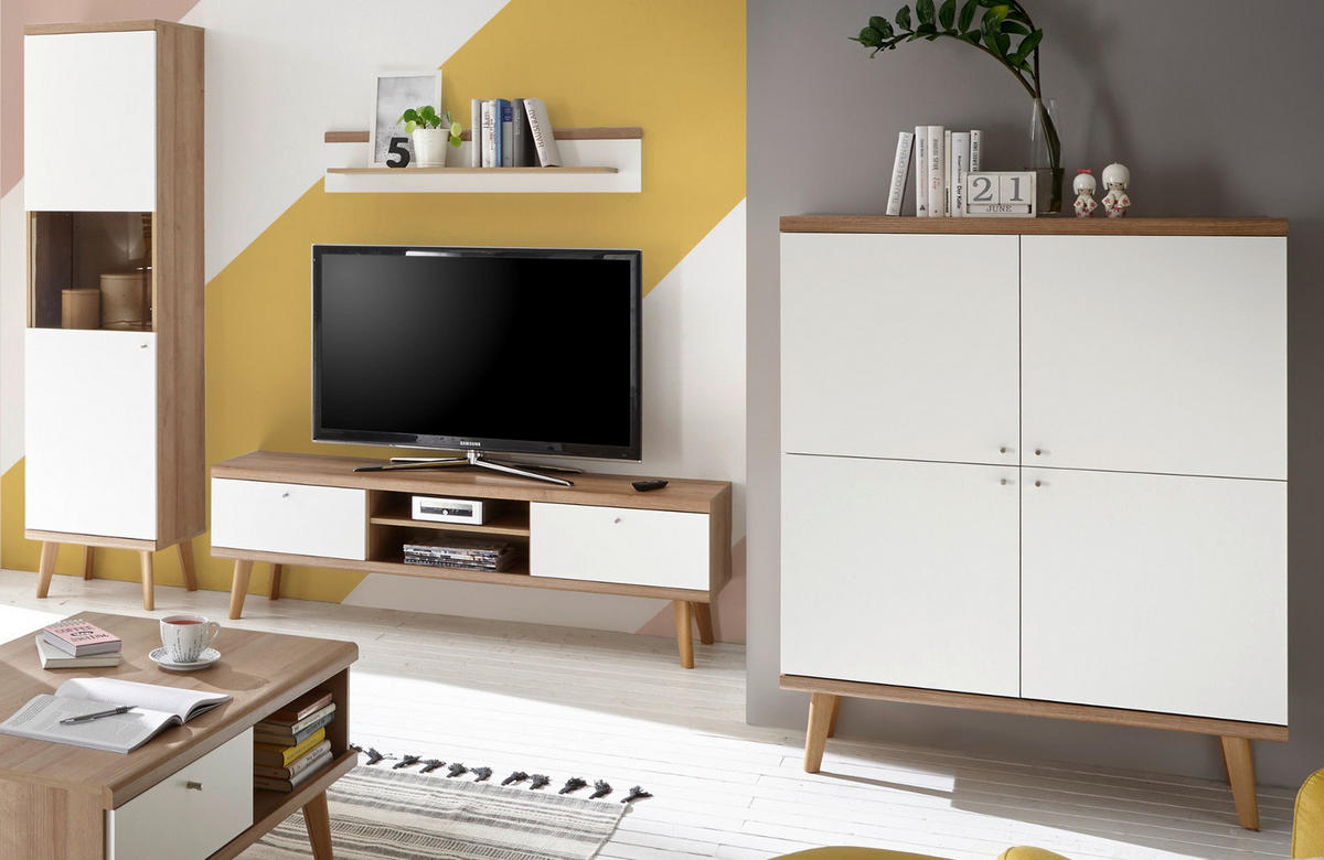 WOHNWAND weiß Eiche Riviera, Schrankwand skandinavisch 4-teilig 337 x 197 cm - Eichefarben/Weiß, Holzwerkstoff/Metall (337/197/40cm)