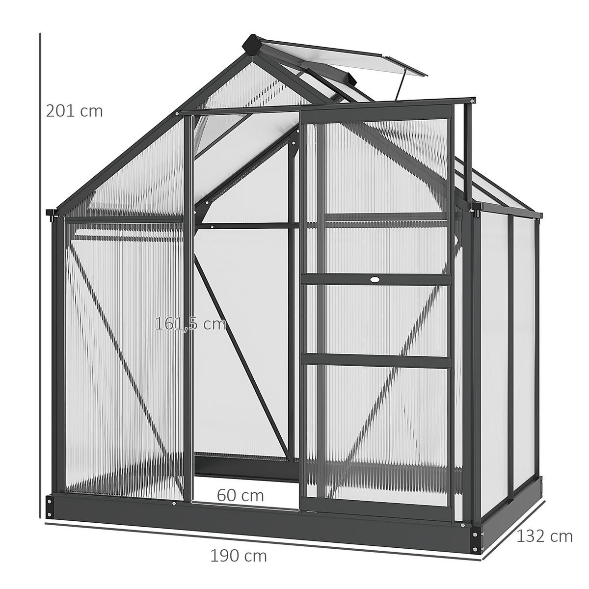 GEWÄCHSHAUS mit Dachfenster mit Tür mit Fundament, Alu+Polycarbonat, Grau+Transparent - Transparent/Grau, Kunststoff/Metall (132/201/190cm) - Outsunny