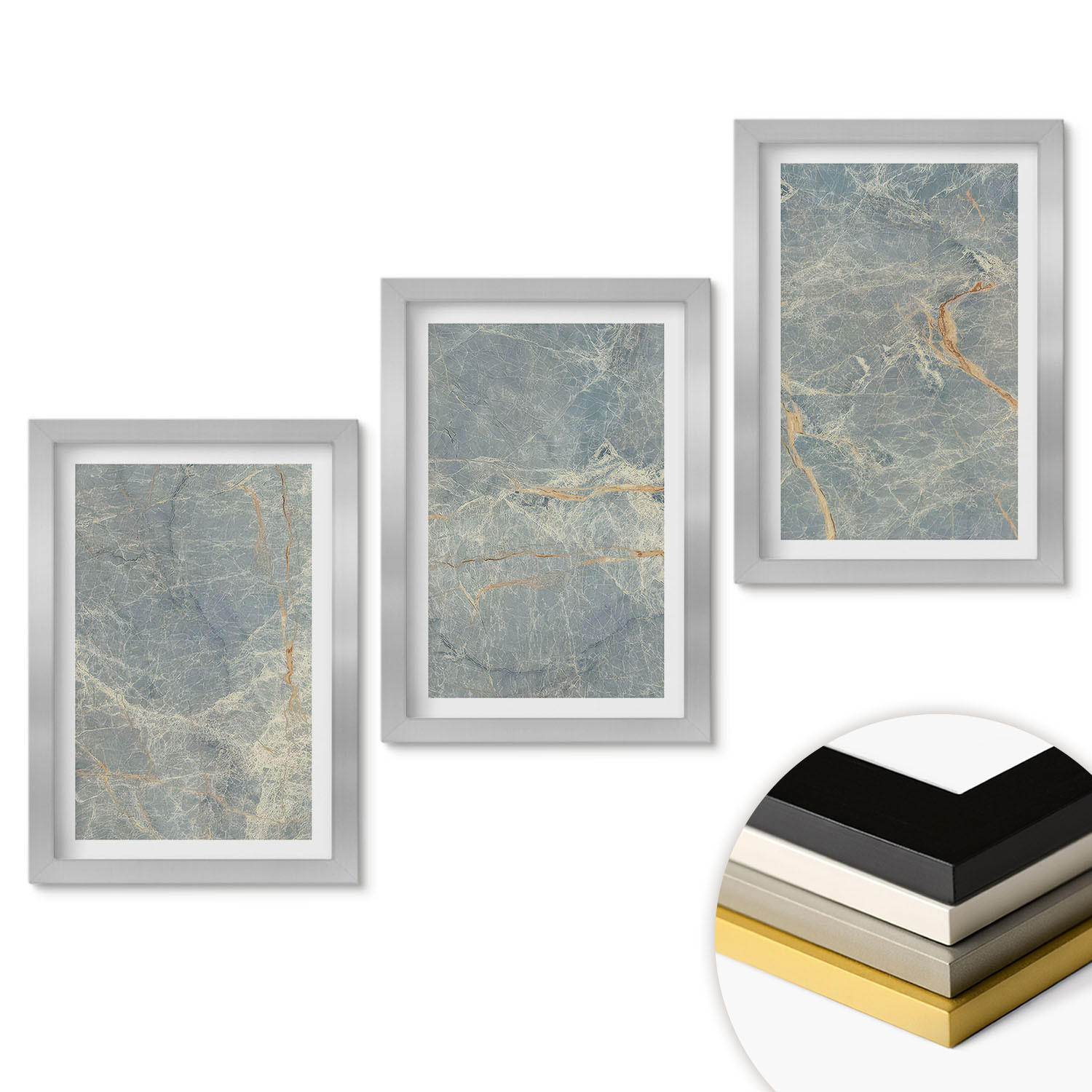 WANDBILDER 3er Set - 20x30 cm Silberner Rahmen - Dekorativer Stein aus grünem Marmor - Silberfarben, Kunststoff (20/30cm) - ArtPrintCave